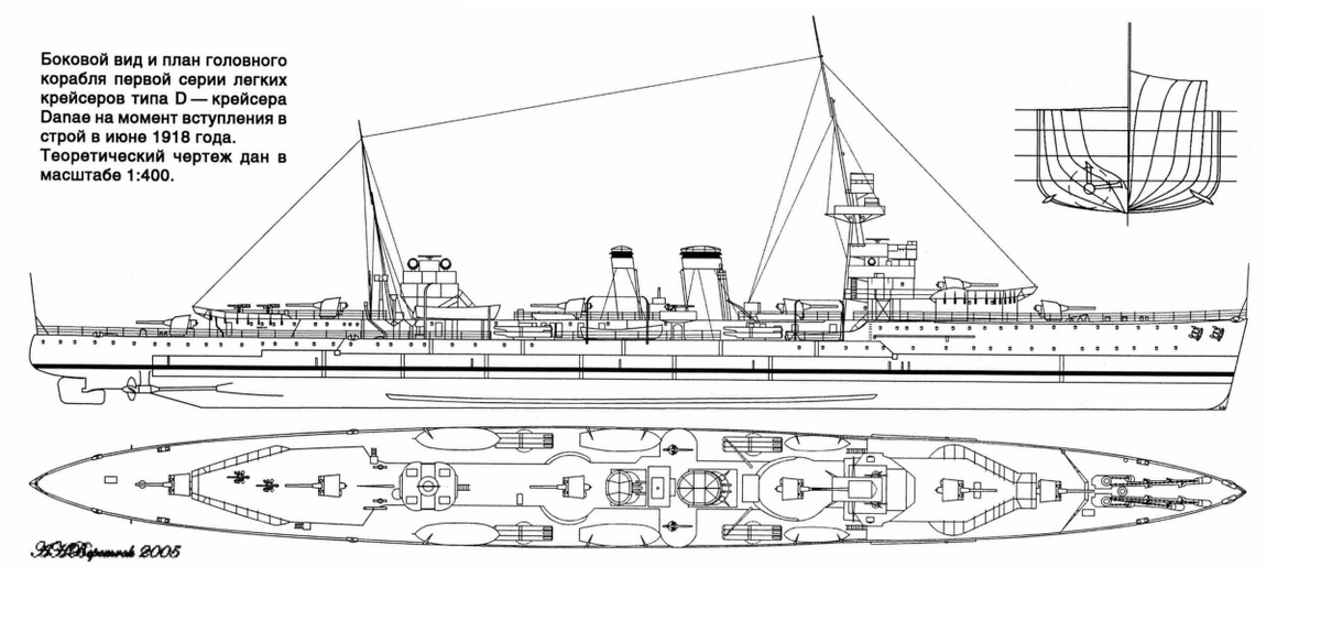 Схематическое изображение крейсера HMS Danae по состоянию на 1918 г.