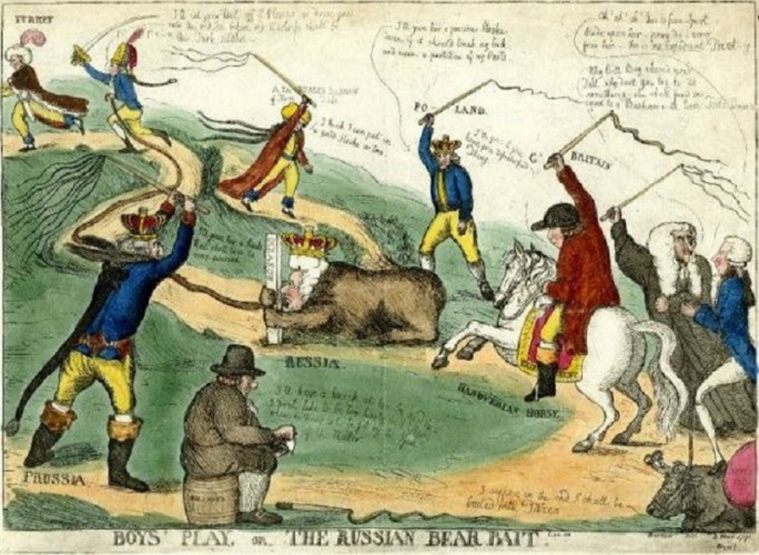 Листайте вправо. Вильям Дент «Молодецкая забава», 1791. Желание Британии «наказать» врага обыграно в откровенном ключе. Это становится понятно при чтении реплик персонажей. Императрица сидит, держась за столб «Очаков», под плетьми английских политиков, она на поводе у своего любимчика – князя Потёмкина, который с саблей бежит за турком, угрожая ему.