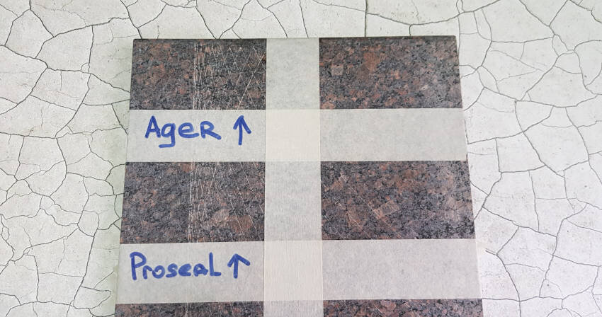 Для демонстрации действия пропиток взяли гранитную плиту, на которую будут нанесены гидрофобизаторы Ager и Proseal.