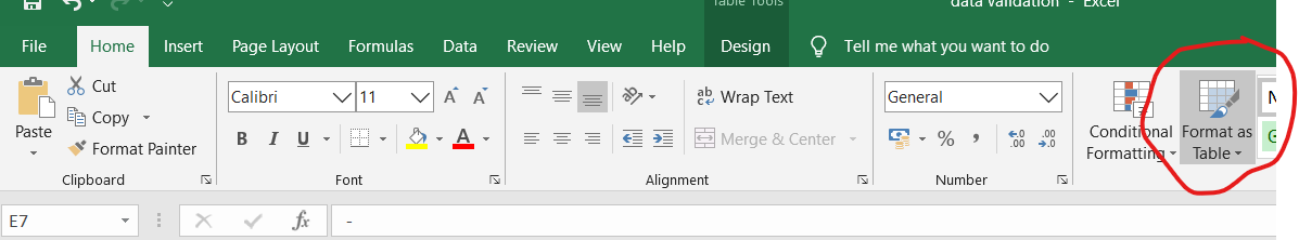 Кнопка Format as table