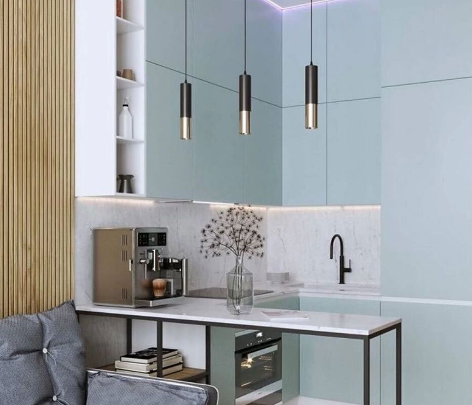 Узкая барная стойка в интерьере маленькой кухни гостиной.