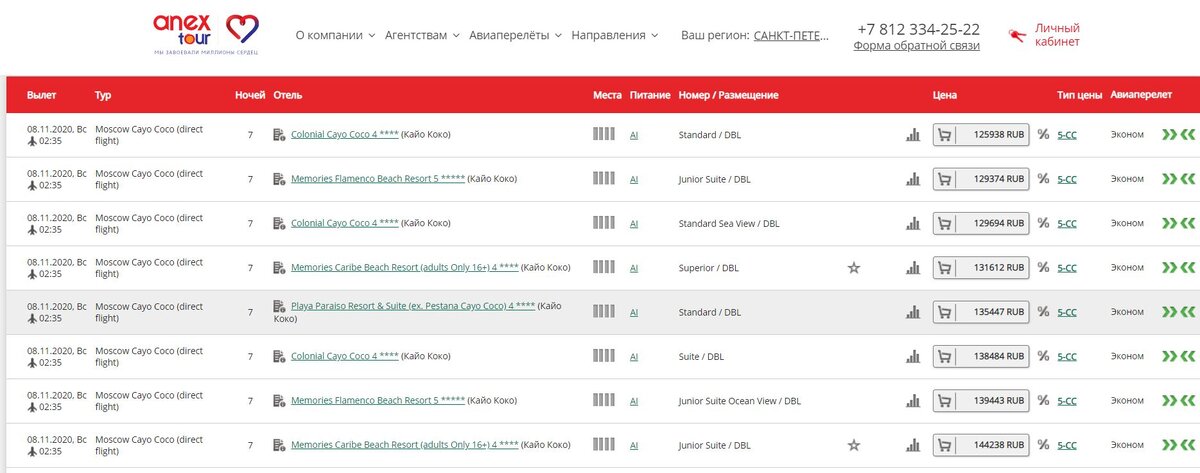 "Скрин с сайта Anextour поиск тура Москва - Куба. По состоянию на 18.10.2020г"