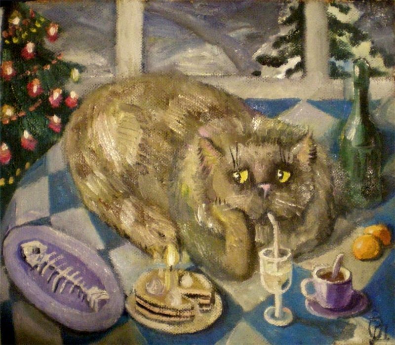 Какой год картины. Художник Бессонов Сергей коты. Художник Елена Хмелева новый год. Известные новогодние картины. Новогодний стол живопись