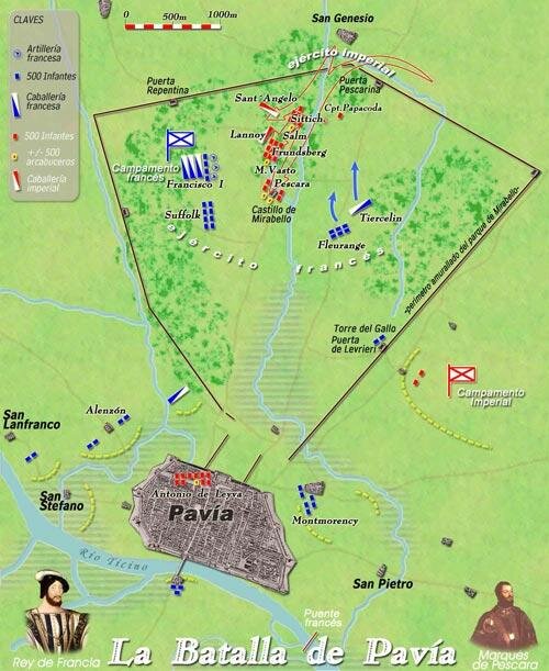 Диспозиция при Павии. Синие - французы, красные - имперцы.