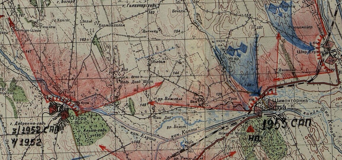 Фрагмент карты с районом Озора - Шимонторниа - Шар Егреш, где оборонялись СУ-100 209-й сабр. Видно позиции СУ-100 1952-го сап у Озора.