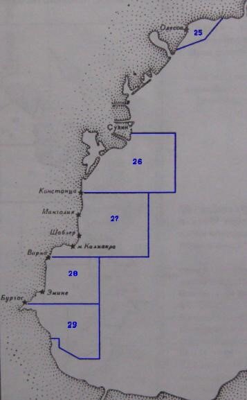 Схема нарезки позиций подводных лодок Черноморского флота с 23 декабря 1941 года по 12 февраля 1942 года в западной части Черного моря