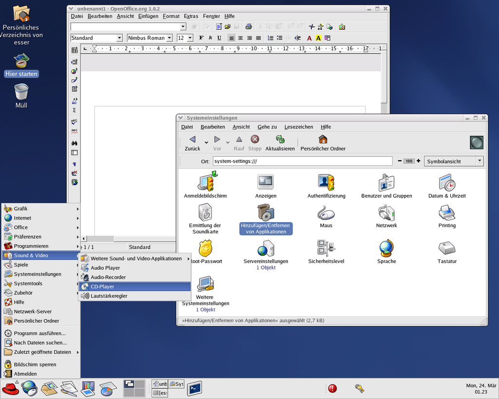 Скриншот рабочего стола дистрибутива Red Hat Linux.