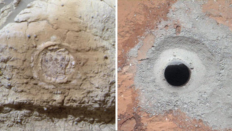 Геологические слои, сформированные при участии кислой воды, изучал Opportunity на плато Меридиан и сразу после посадки.

(Цвет снимков сбалансирован под земные условия освещения.)
