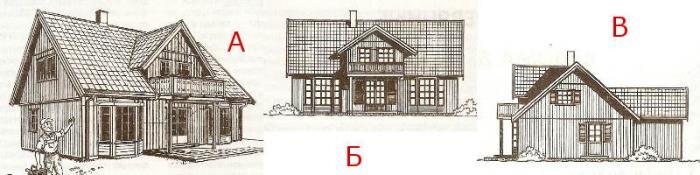 На изображении обозначено: А - общий вид двухэтажного каркасного дома, Б - центральный вход в дом, В - вид сбоку.