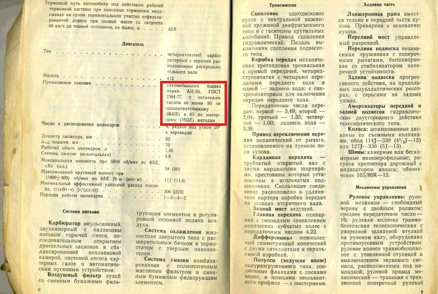 Инструкция по эксплуатации Москвича 2140, красным обведен рекомендуемый бензин. Кликните по картинке, что бы увеличить.