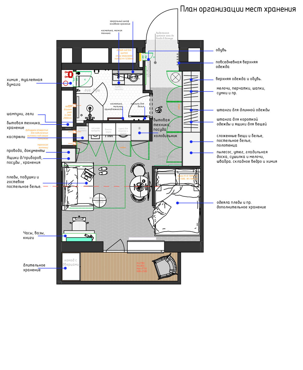 После перепланировки. Проект начали разрабатывать ещё на этапе строительства квартиры. Планировку создавали с нуля — сформировали ниши для кухни и спальни, отгородили санузел.