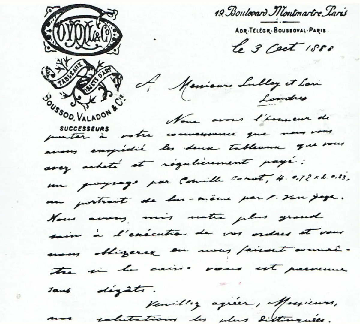 Письмо Тео Ван Гога «господам Салли и Лори/Лондон», 3 октября 1888 года