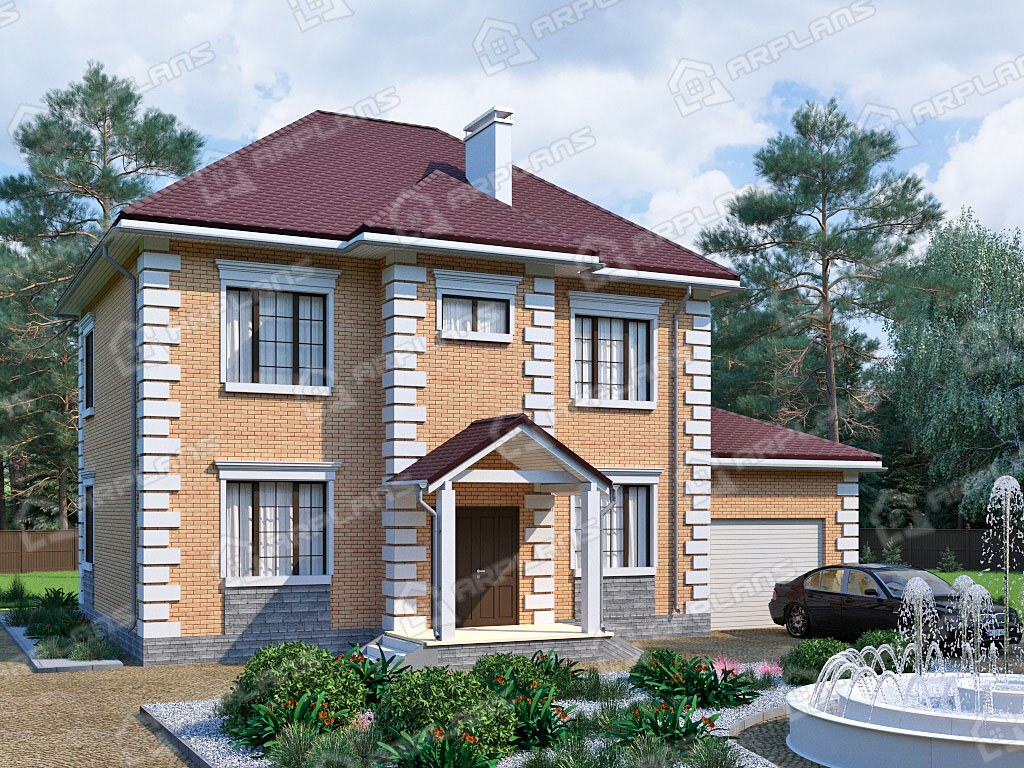 Фото 1 двухэтажного дома из газобетона с 4 спальнями, гостевой, газовой котельной и гаражом. Общая площадь до 250 (220) кв м. Источник arplans.ru Проект К-225