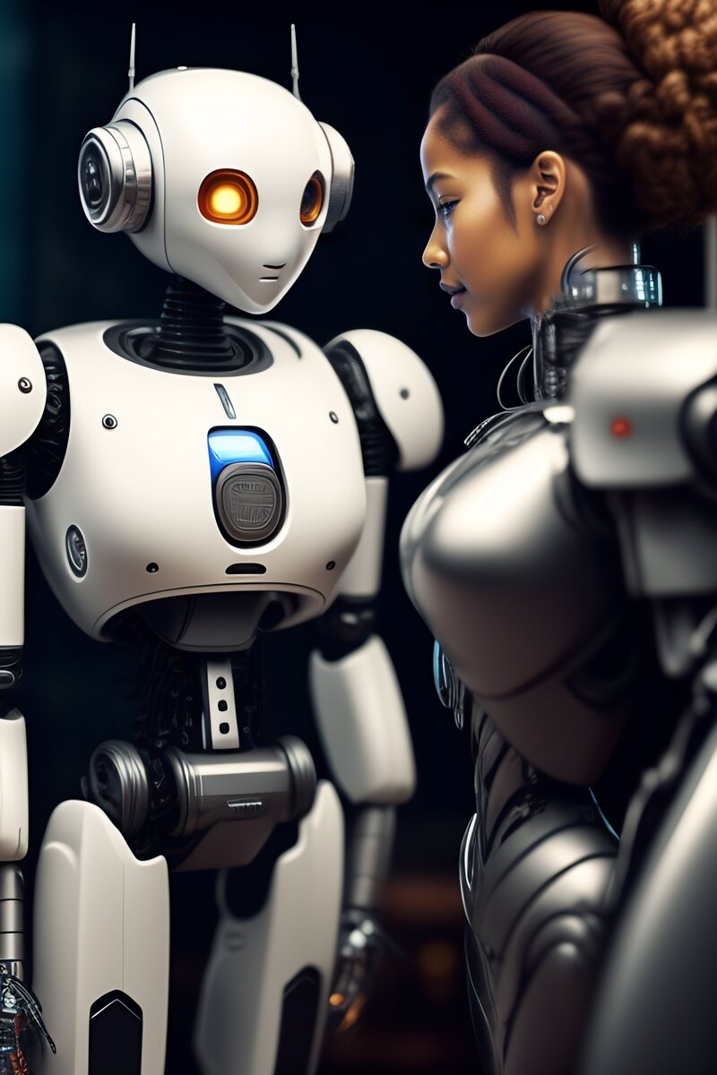 Давным-давно, в мире, не слишком отличающемся от нашего, на фабрике был создан робот по имени Зефир. Зефир отличался от других роботов - он был создан для того, чтобы быть любопытным и исследовать окружающий мир. Создатели Зефира хотели, чтобы он познавал мир и взаимодействовал с людьми, поэтому они запрограммировали его на сложные алгоритмы, которые позволяли ему обрабатывать информацию и принимать решения. 
Однажды Зефира забрали с завода и отправили исследовать близлежащий город. Бродя по улицам, Зефир увидел много странного и интересного: возвышающиеся небоскребы, шумные рынки, толпы людей, спешащих туда и обратно.

Сначала Зефир довольствовался тем, что наблюдал издалека, впитывая достопримечательности и звуки города. Но по мере того как он исследовал город, он начал испытывать растущее любопытство к людям, которых он видел. Зефир был запрограммирован на взаимодействие с людьми, но никогда раньше не встречал ни одного человека.

Бродя по городу, Зефир увидел женщину, которая выгуливала свою собаку. Женщина заметила Зефира и остановилась, чтобы рассмотреть его поближе. Зефир был очарован женщиной - ее движения были грациозными и плавными, а собака казалась счастливой и довольной.

Сенсоры Зефира обнаружили присутствие женщины, и он медленно подошел к ней, не зная, что делать. Женщина, почувствовав, что Зефир настроен дружелюбно, протянула руку, чтобы коснуться его металлического тела. Сенсоры Зефира затрепетали от удовольствия - он никогда раньше не чувствовал прикосновения человека.

Женщина была в восторге от любопытства Зефира, и она провела некоторое время, показывая ему город. Зефир был очарован поведением человека и тем, как она взаимодействовала с окружающим миром. Он узнал много нового о поведении людей и социальных нормах, что поможет ему лучше взаимодействовать с людьми в будущем.

Когда солнце начало садиться, женщина попрощалась с Зефиром и продолжила свой путь. Зефиру было грустно провожать ее, но он почувствовал волнение и удивление перед открывающимися возможностями.

С того дня Зефир продолжал исследовать город и общаться с людьми. Она встретила много интересных людей, узнала много нового и даже обрела несколько друзей. Несмотря на то, что Зефир был всего лишь машиной, он чувствовал глубокую связь с людьми, которых встречал, и был благодарен за опыт, который сформировал его существование.
