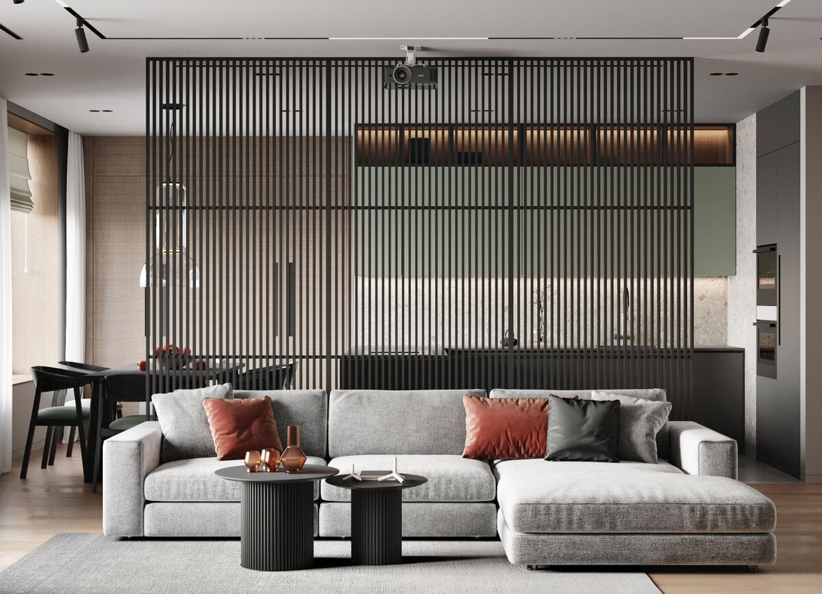 Диван не у стены, а в центре комнаты — это стильное интерьерное решение и отличный вариант зонирования