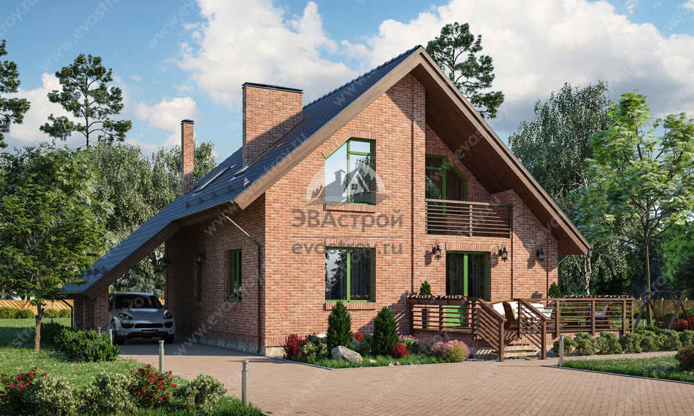 Проект двухэтажного дома 176 м2 из газобетона с навесом, балконом, кабинетом и террасой - LK-30