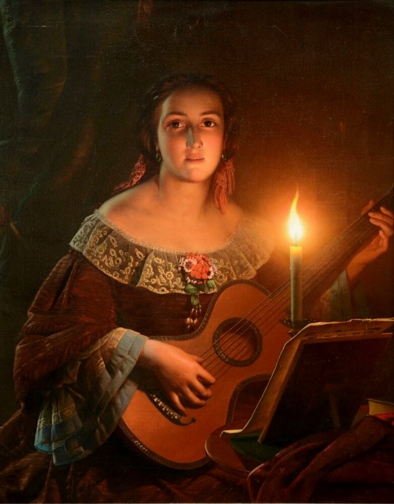 Attributed to Petrus van Schendel - A guitar playing girl