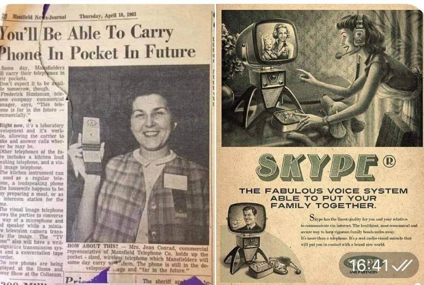 Что-то нам явно не договаривают...

На первом фото - вырезка из сельской газеты в Австралии 1963 года. На второй - плакат неизвестно какого года, но видно, что старый. 

Возникает вопрос — если это 1963 год, то почему общественность должна была ждать середины 90-х, чтобы получить гаджеты в коммерческих продажах?

