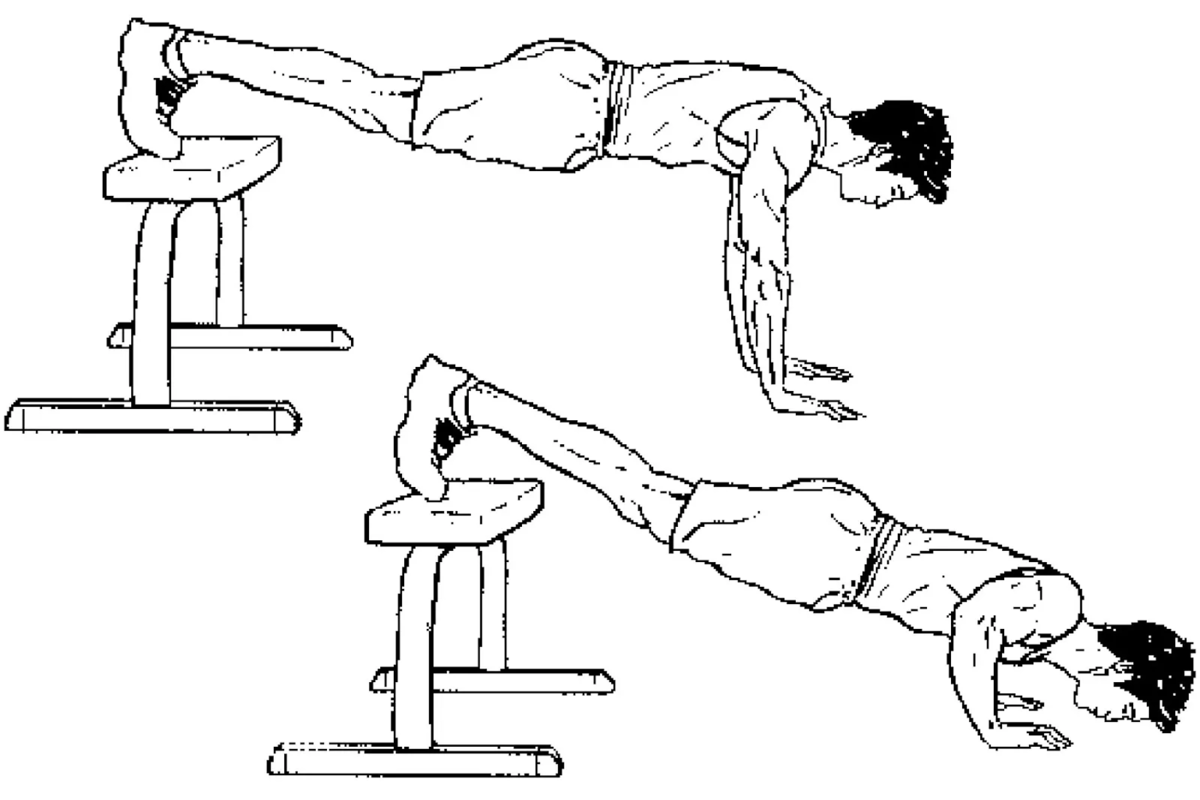 Упражнение 47. Отжимания от пола, ноги на опоре. Отжимания с опорой спереди. Отжимания с ногами на возвышении. Наклонные отжимания.