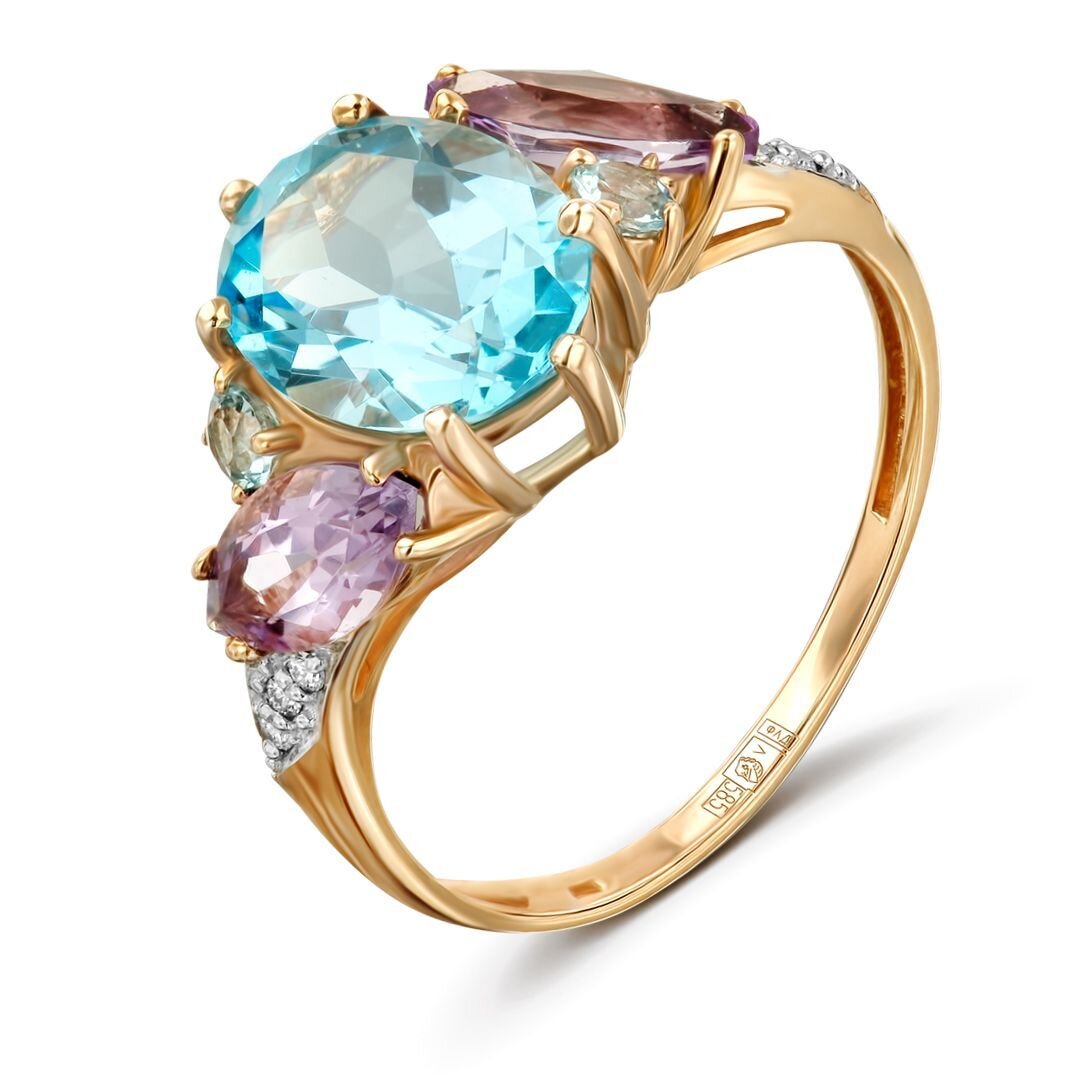 КОЛЬЦО ИЗ КРАСНОГО ЗОЛОТА С ТОПАЗАМИ, АМЕТИСТАМИ И БРИЛЛИАНТАМИ 