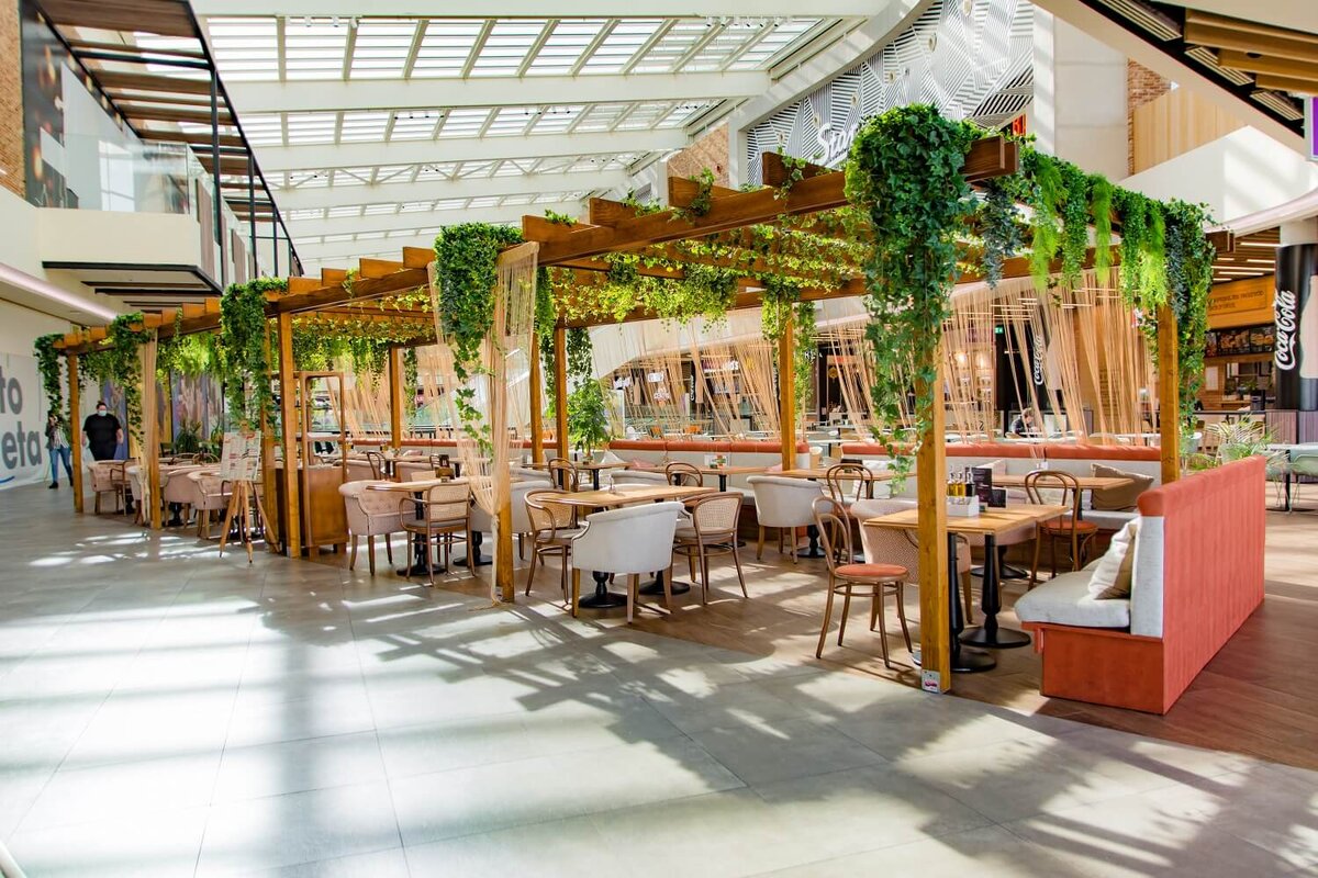 Такой вид будет, если встать к вывеске спиной. Эти столики - тоже часть ресторана. Выглядит уютно и красиво. Как правило, там садятся небольшие компании, пары. Источник фото: гугл.