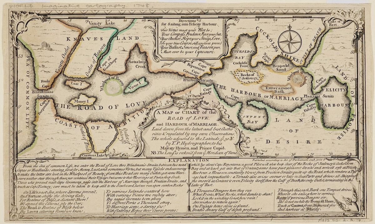 Thomas Sayer's "A Map or Chart of the Road of Love, and Harbour of Marriage", 1748