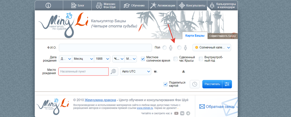 Заполнение калькулятора Бацзы на сайте mingli