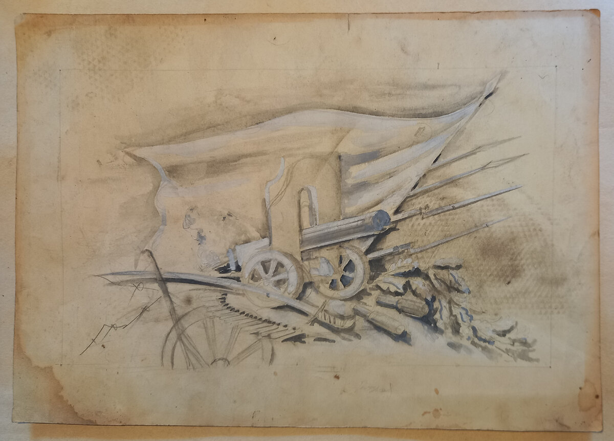 Ориентировочно 1935 г.. Художник Н. А. Блинов. Возможна эта тачанка вошла в эскиз оформления машины к параду физкультурников. Бумага (размер 39*27,5 см), карандаш, тушь, гуашь. На обороте нарисована пушка времен Кутузова (листайте стрелочку вправо). Из архива автора. 