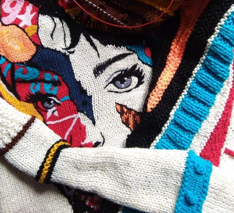 Одри Хепбёрн (интарсия спицами, вышивка)