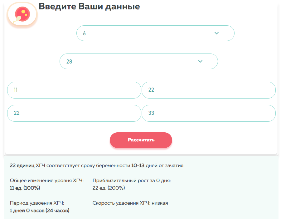 Калькулятор «ХГЧ при беременности» -