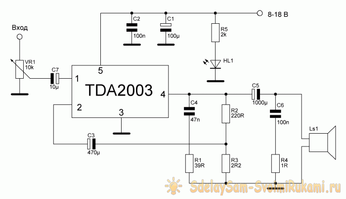 Усилитель низкой частоты на К174УН14 (TDA2003)