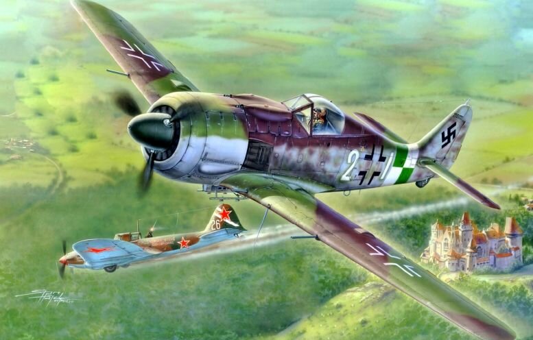 Реконструкция боя FW-190 с штурмовиком Ил-2. Судя по "декорациям", бой происходил или над Польшей, или над Германией в последний период войны