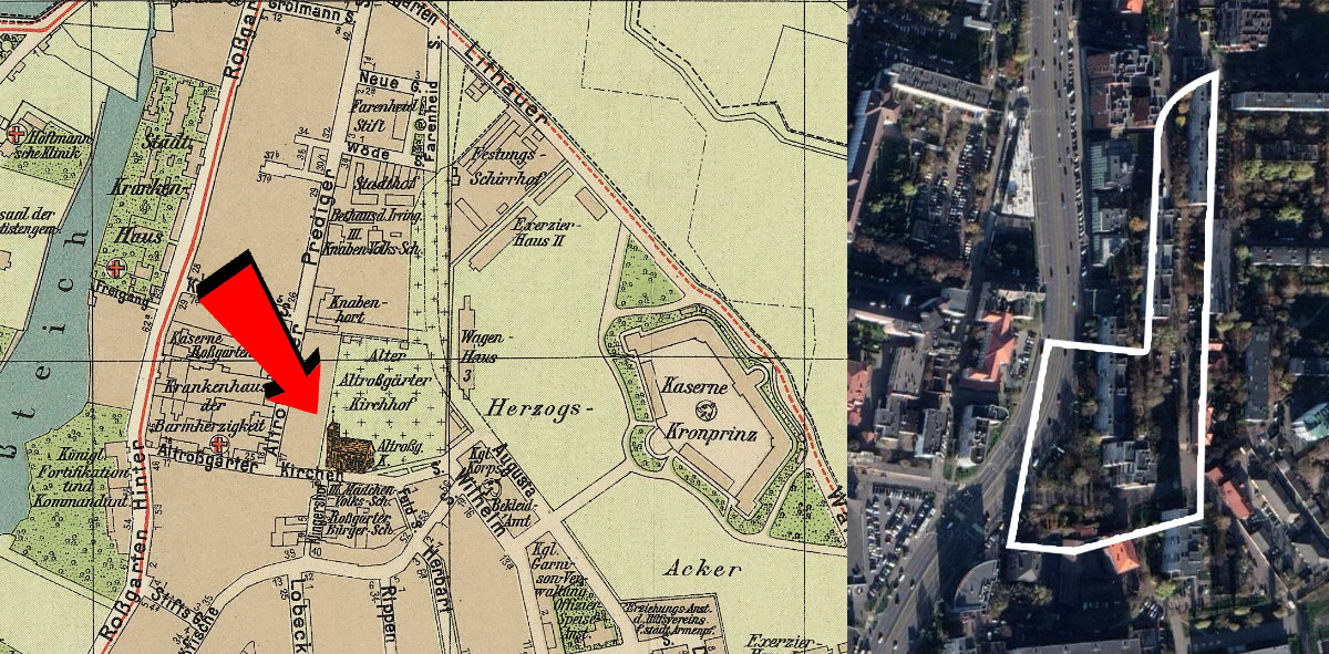 Карта Кёнигсберга и Калининграда с локацией кирхи и приходского кладбища.  