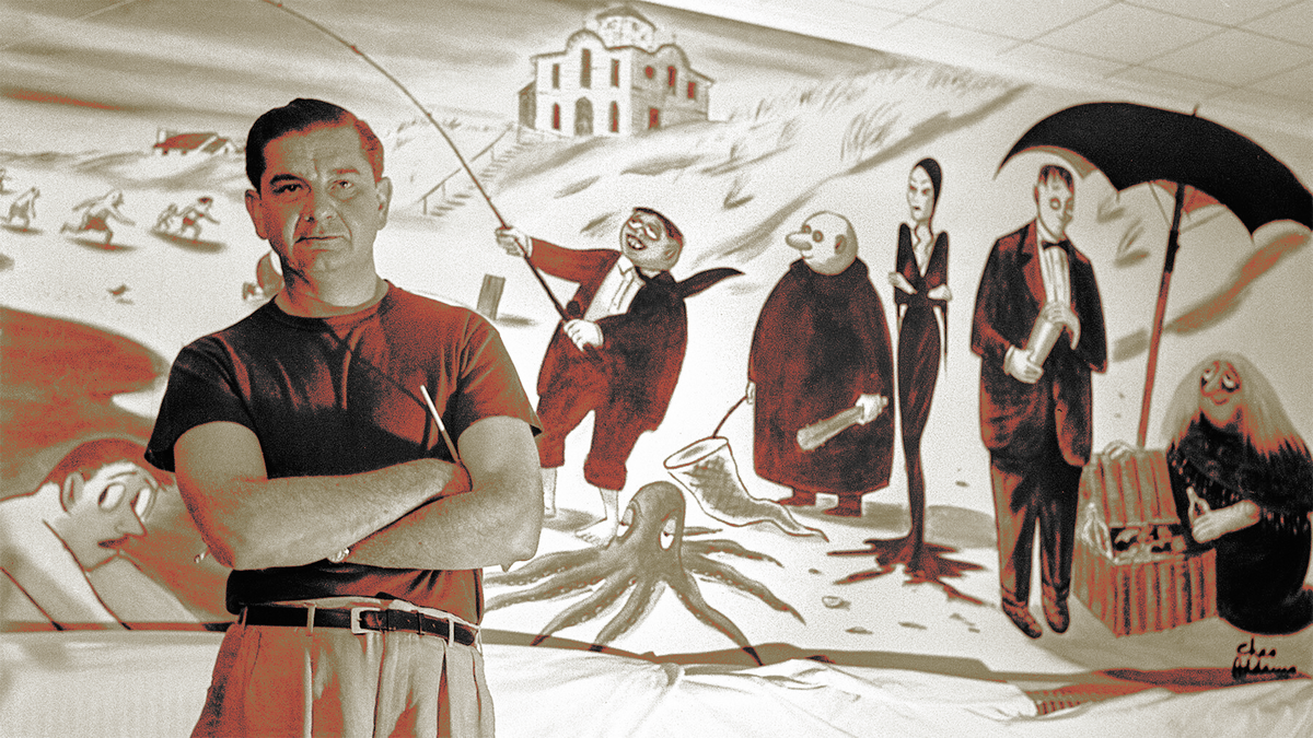 Чарльз Аддамс на фоне своих персонажей