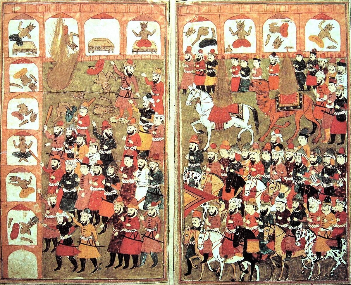 Завоевание Мекки курайшитами под командованием Мухаммеда. Иллюстрация из османского эпоса 14 века "Жизнь Мухаммеда"