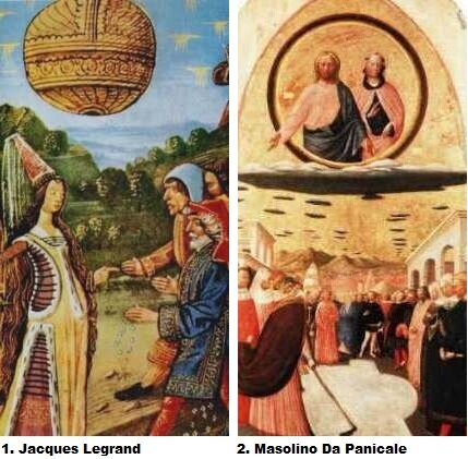 Изображение Жака Леграна, Франция, 1332г. слева, а справа - картина "Снежное чудо" Мазолино Да Паникале 1428–1432 гг.