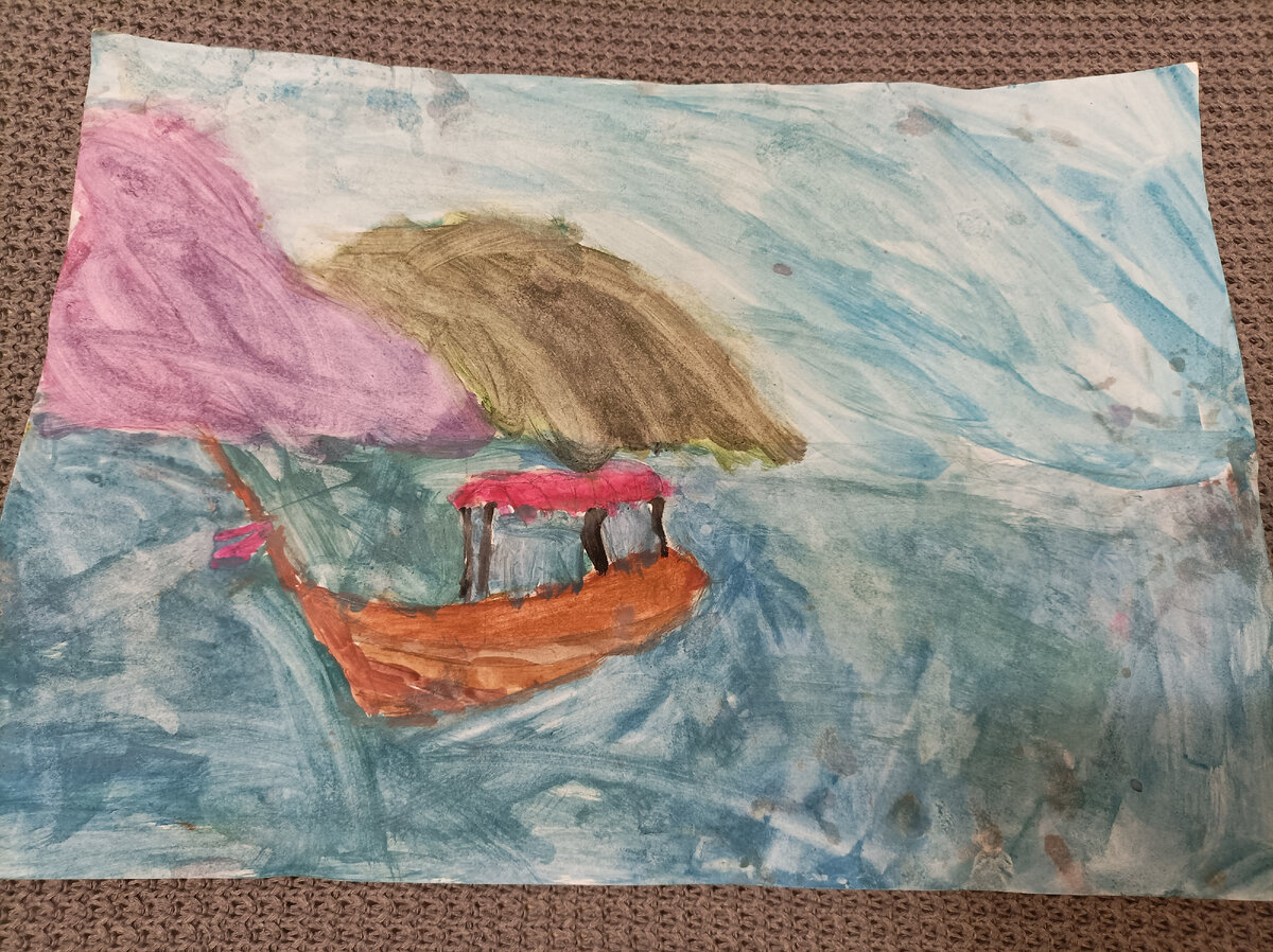 Рисунок в исполнении средней дочки 7 лет, море, ах море - это всегда праздник