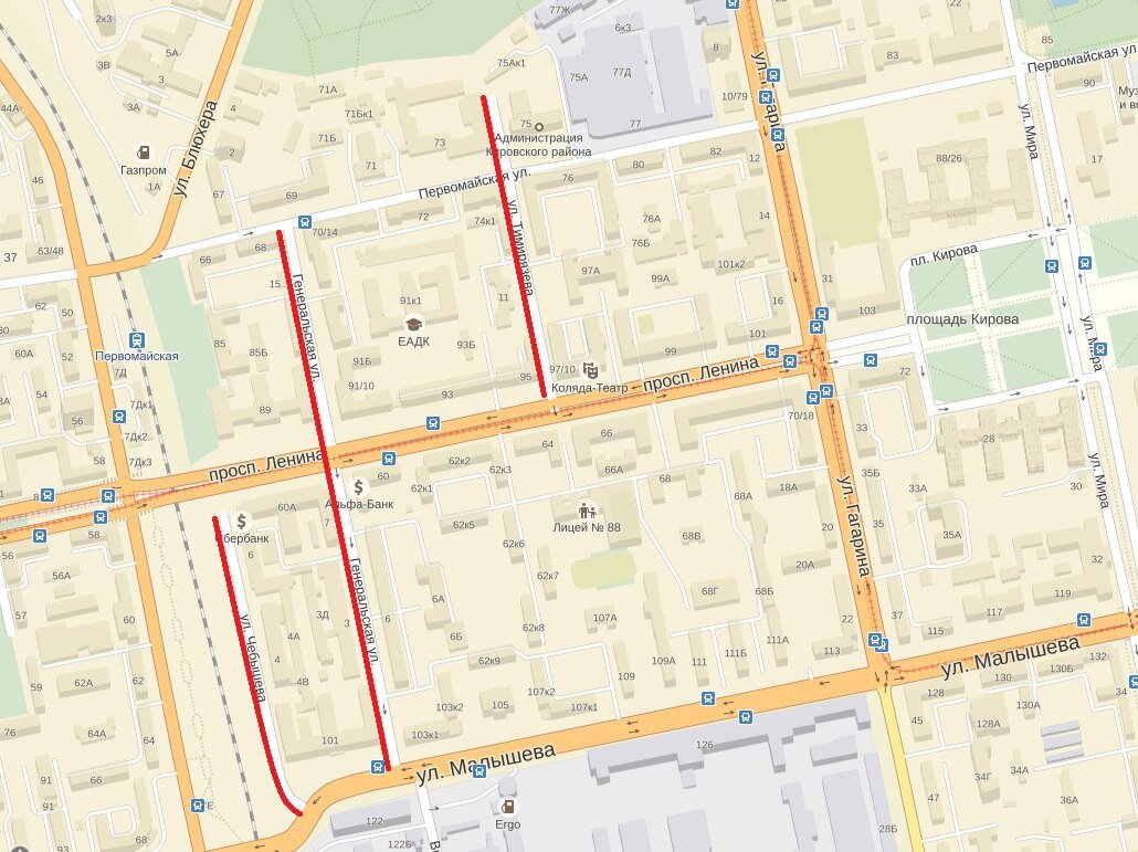 Генеральская - Тимирязева - Чебышева (Екатеринбург) © Яндекс