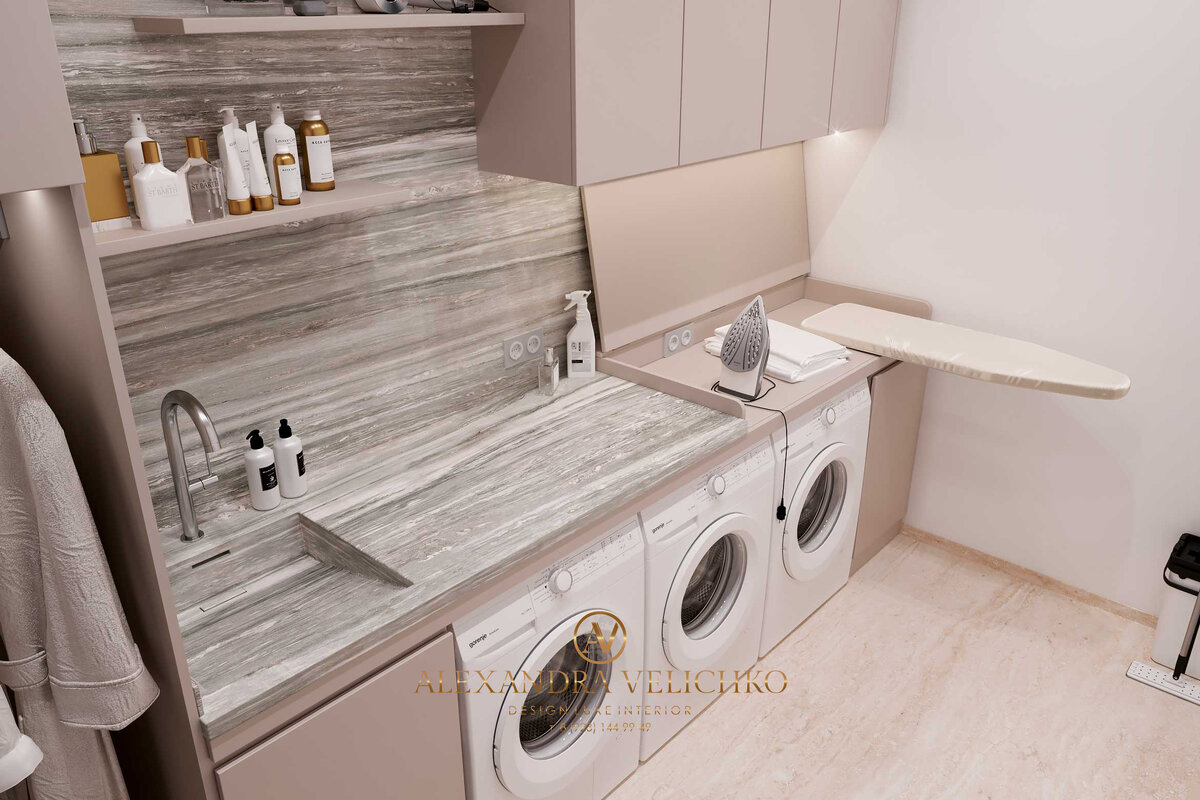 Функциональная группа мебели для удобной постирочной, единая столешница из камня с хозяйственной раковиной. Столешница трансформер для гладильной доски удобная в использовании