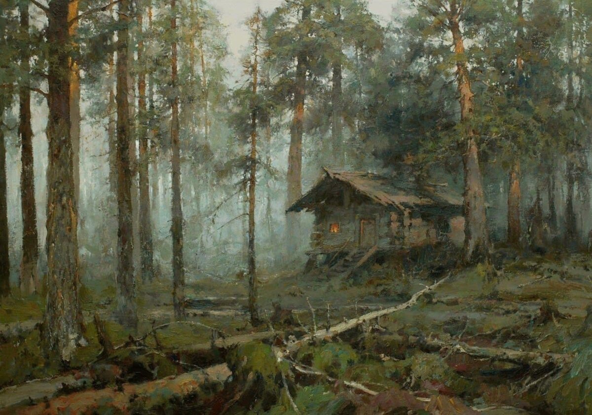 Картина охотничий домик в лесу автор