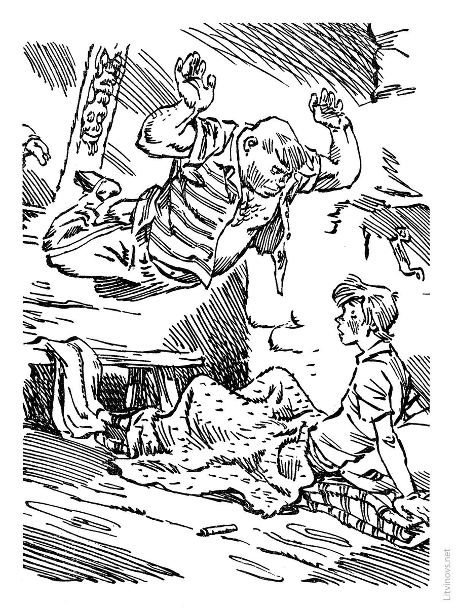 Вроде, была картинка, где он диван на себе тащит, но я её не нашёл...