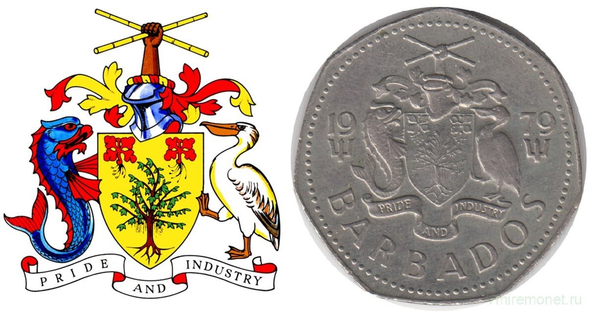 Герб и аверс 1 доллара Барбадоса