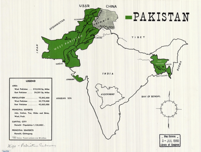 Карта Пакистана по состоянию на 1960 год. Тогда он был разделён на две части: Западный и Восточный. Восточный Пакистан после войны 1971 года получил независимость как государство Бангладеш. Фото: скан карты из Библиотеки Конгресса.