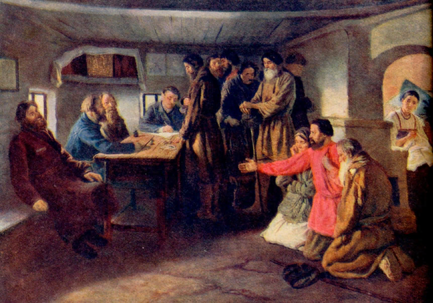 На картине изображен целовальник или судебный пристав (мужчина в красном слева на скамье) во время приема должников среди крестьянского населения.