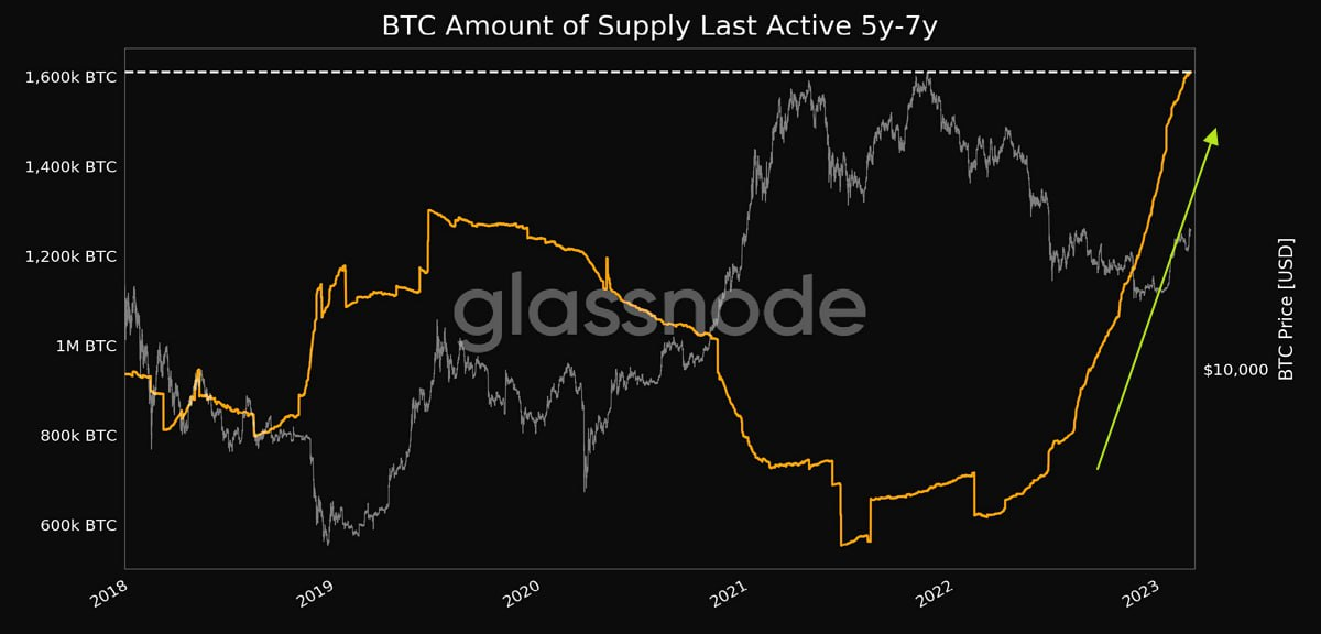 Данные Glassnode: отмечается, что активно растет предложение BTC, которое не приводилось в движение на протяжении последних 5-7 лет