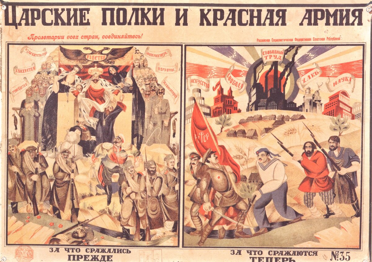 Царские полки и Красная армия.Дмитрий Моор (1883–1946).
Литературноиздательский отдел Политуправления РВС Р, № 35, тираж 95 000 экз. 
[Москва]. [1919 г.]. Бумага, картон, цветная литография
