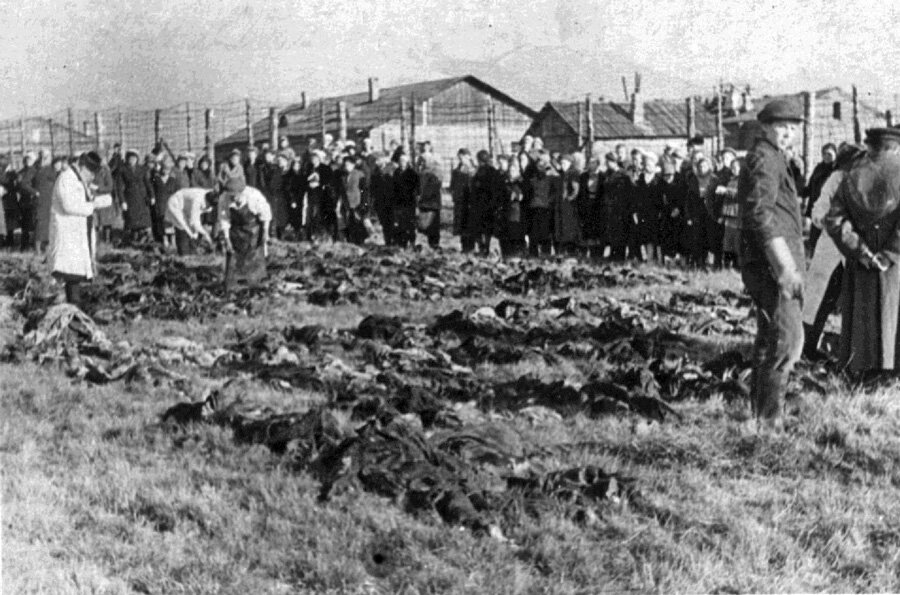 Эксгумация трупов военнопленных в ходе работы Чрезвычайной государственной комиссии. Захоронение «Большого» лагеря. На заднем плане за колючей проволокой барак смертников. Октябрь 1943 г.