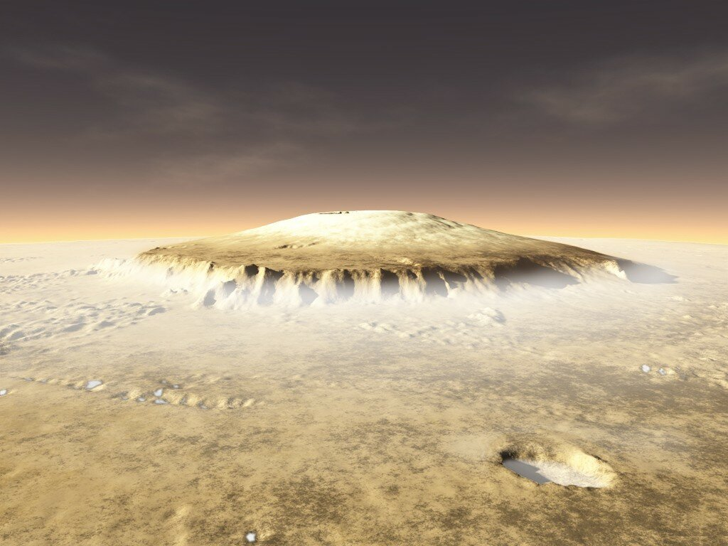 Самый большой вулкан солнечной системы находится. Гора Олимп на Марсе. Марсианский потухший вулкан гора Олимп. Вулкан Олимпус Монс на Марсе. Гора Олимп на Марсе высота.