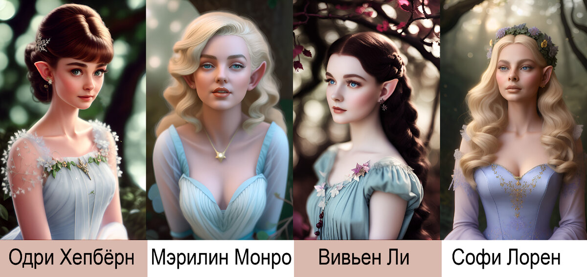Красавицы прошлого в роли Эльфиек. Нейросеть. Стили-Realistic v2, VFX v2