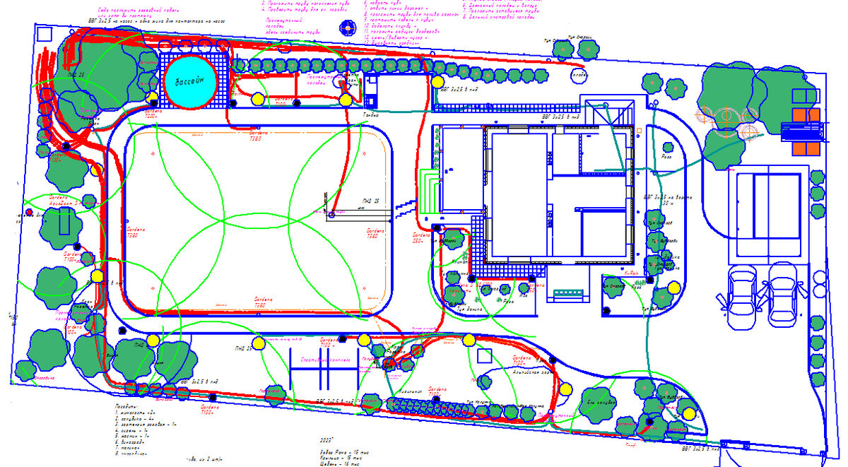 Мой проект участка с планом коммуникаций, зонами полива и т.д.